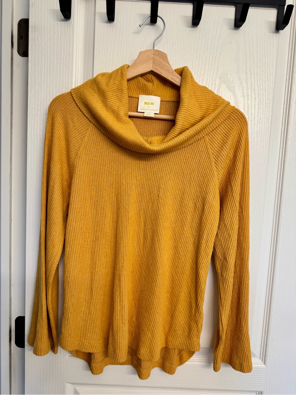 Anthropologie Mustard Yellow Ribbed Cowl Neck Sweater